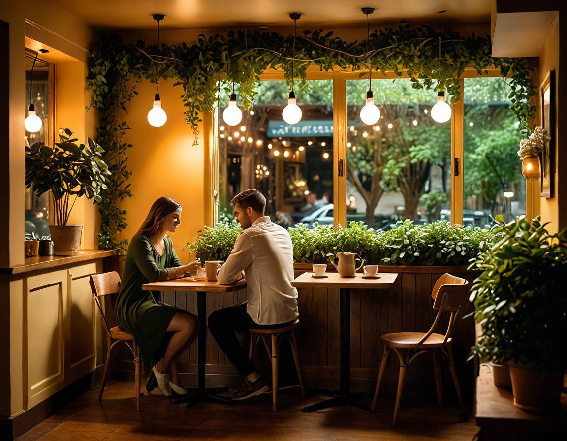 A warm, inviting scene of a couple sitting close together in a cozy café, sharing an intimate conversation over coffee, surrounded by soft, glowing lights and plants. The background features hearts and subtle symbols of love and intimacy, such as intertwined rings and blooming flowers. The atmosphere exudes warmth and connection, emphasizing trust and understanding. soft focus. warm tones. cozy ambiance.