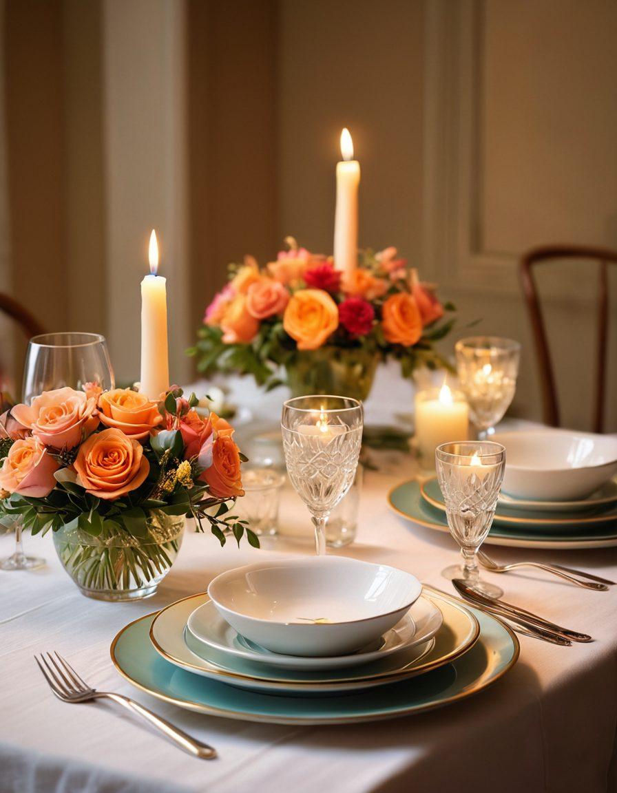 A beautifully arranged table set for two, adorned with soft candlelight and romantic flowers, symbolizing intimacy and connection. In the background, a softly blurred scene of a couple sharing laughter, showcasing warmth and love. The atmosphere is cozy and inviting, with a touch of elegance and charm. super-realistic. vibrant colors. soft focus.