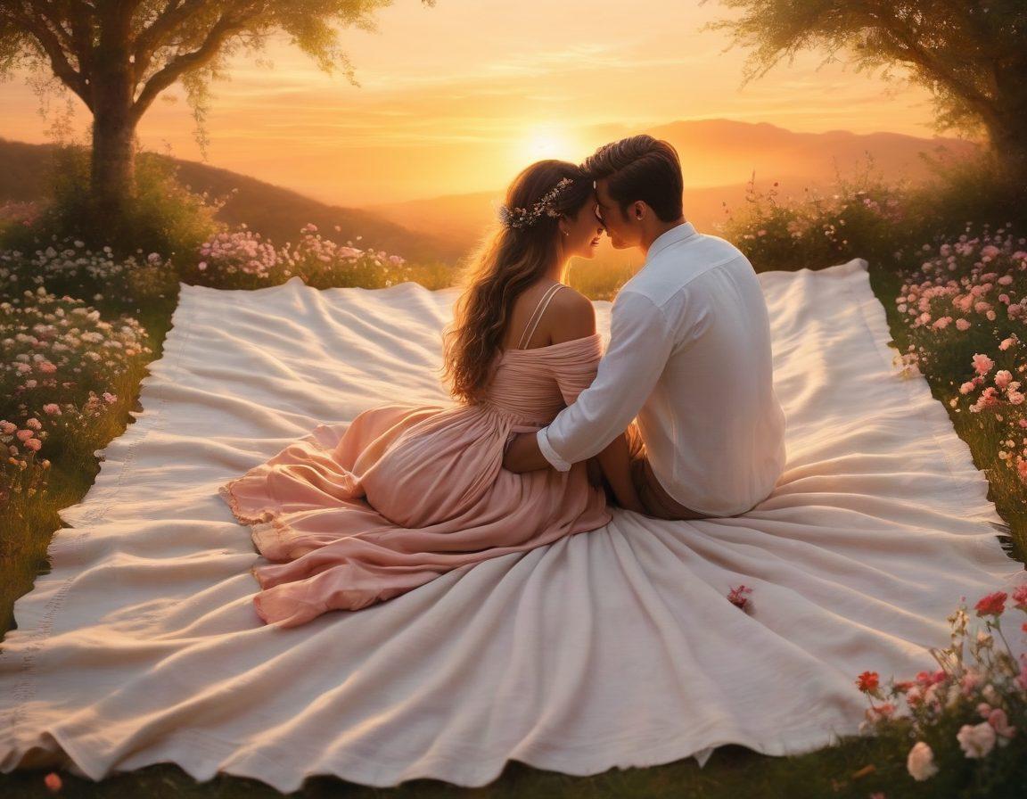 A serene setting featuring a couple sitting on a blanket under a glowing sunset, sharing heartfelt conversation, with soft, blurred background flowers symbolizing love's beauty. Incorporate warm tones to evoke affection, and add whimsical elements like floating hearts or intertwined hands to enhance emotional connection. super-realistic. warm colors. soft focus.